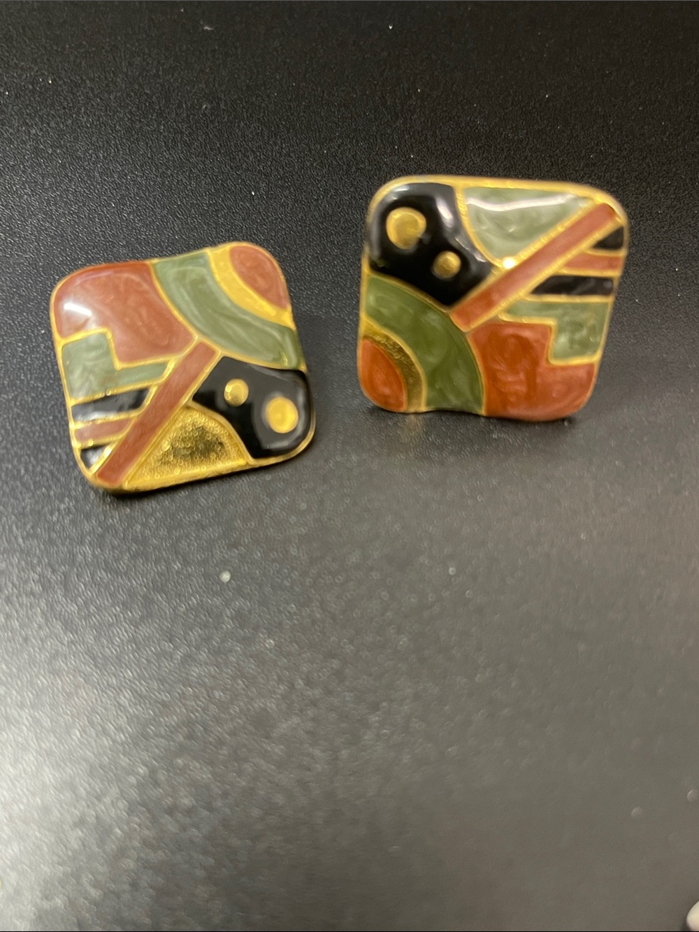 Geometric Enamel Square Clip Earrings in Olive, Rust & Black